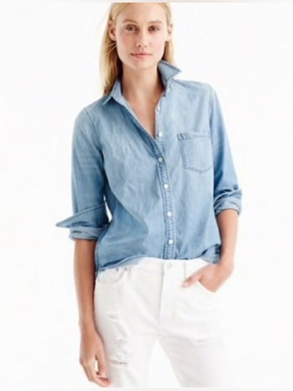 J. Crew Chambray Light Blue Classic Women’s Denim Button-Down Shirt, M